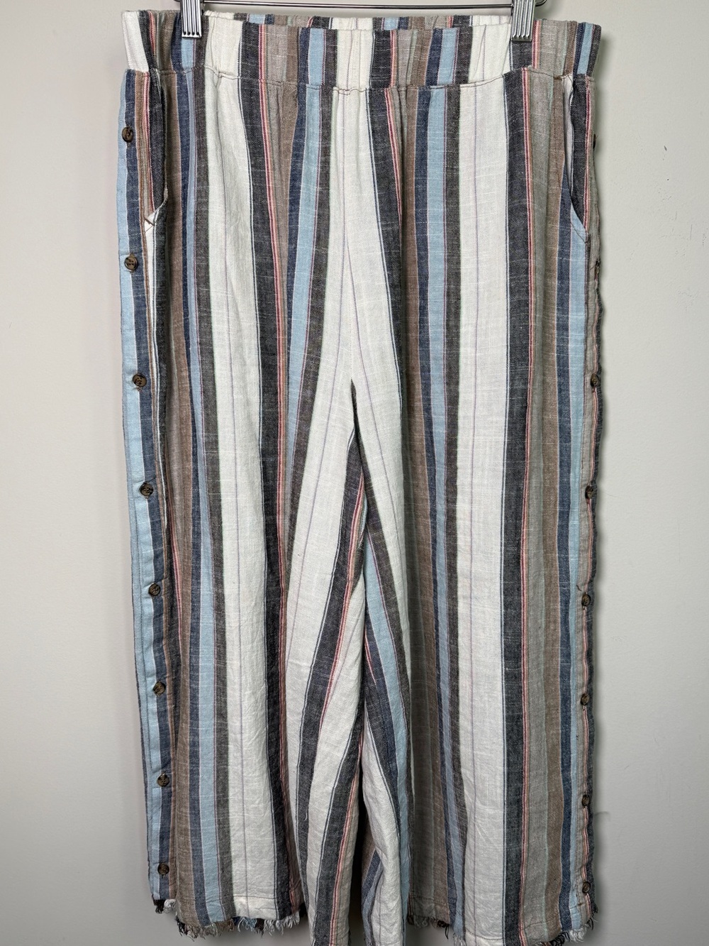 FOR THE REPUBLIC | Multi-Stripe Wide Leg Cropped Linen Blend Pants Fringe Hem L